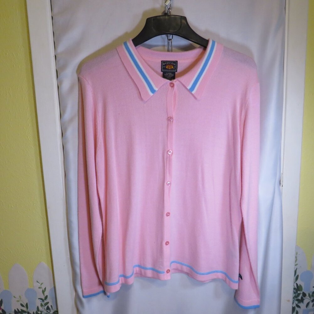 Vintage Route 66 Cardigan Sweater, Pink with Blue Stripes, Size XL, Acrylic